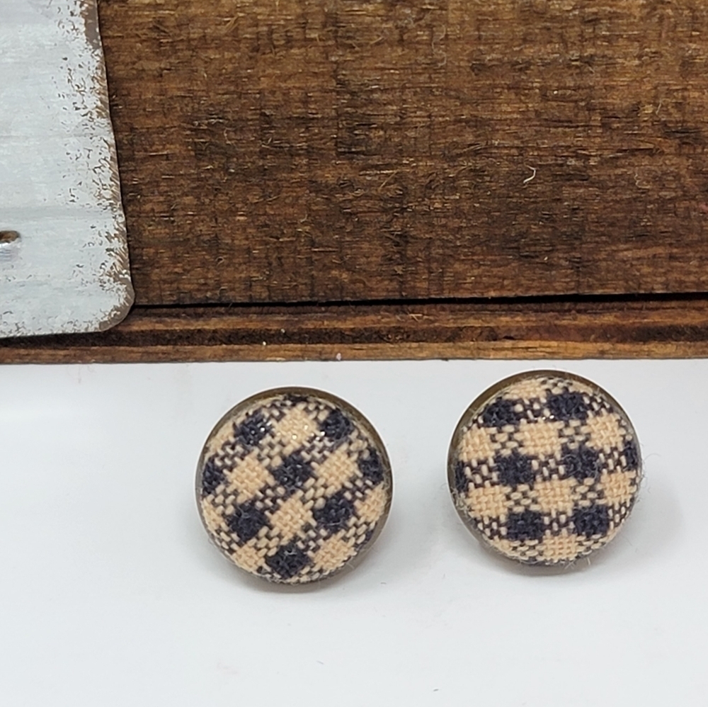 New Handmade | Upcycled Gingham Check Button Stud Earrings